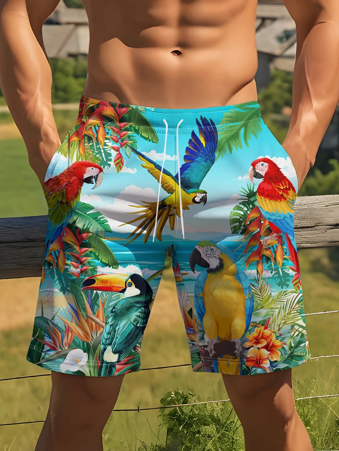 2025 new men's shorts 3D parrot print fashionable and sexy beach surfing shorts waterproof, quick drying, soft texture