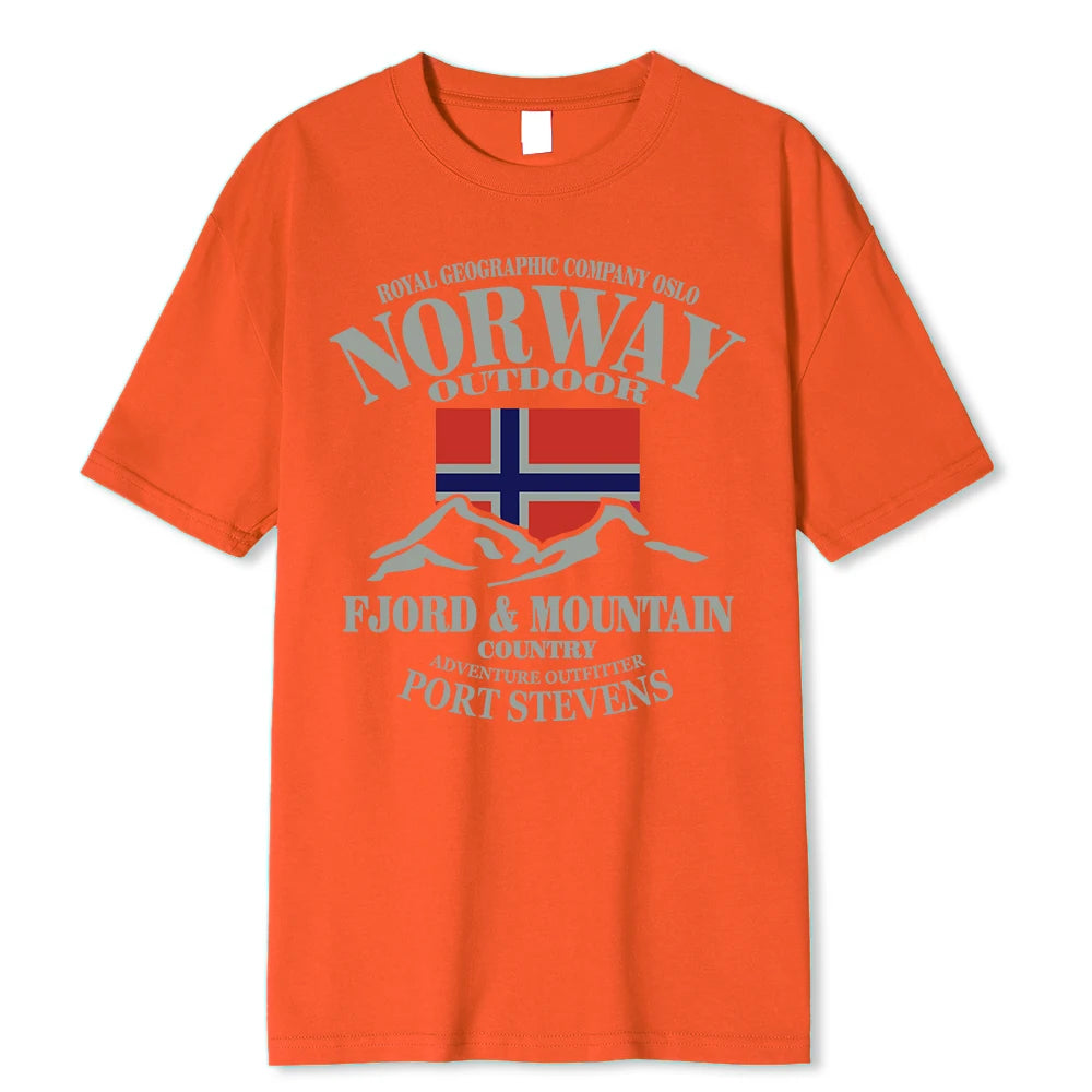 Summer Norway Flag Fjord Mountain T Shirt Crazy Hip Hop Men's Shirt Cotton Crewneck Plus Size Short Sleeve Funny T-shirts Male