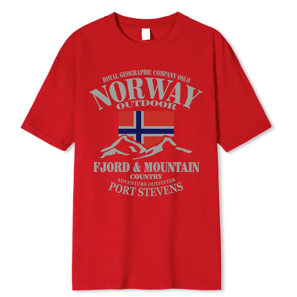 Summer Norway Flag Fjord Mountain T Shirt Crazy Hip Hop Men's Shirt Cotton Crewneck Plus Size Short Sleeve Funny T-shirts Male