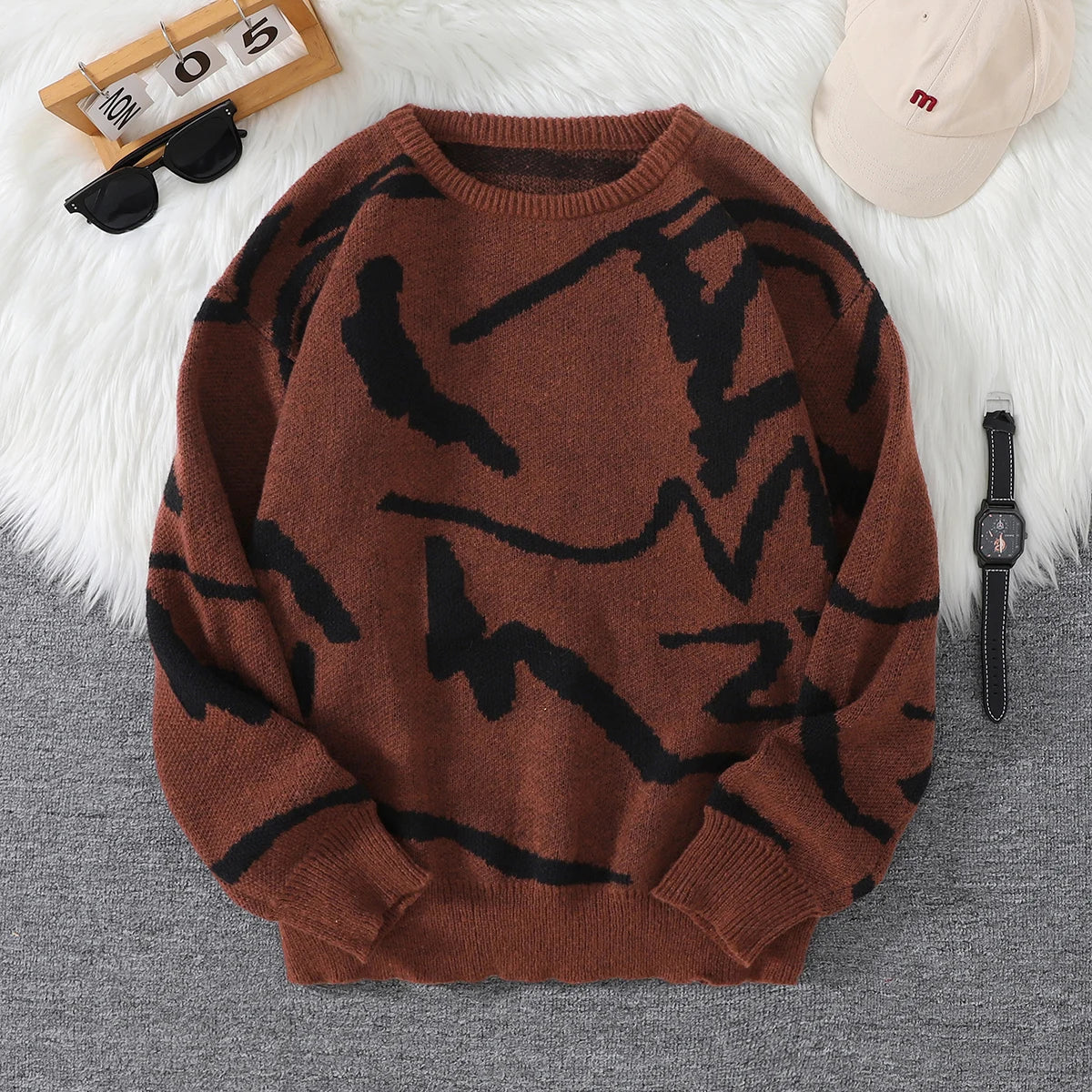 New Popular Spring Autumn Graffiti Jacquard Pattern Pullover Sweater Casual Round Neck Contrast Color Knitted Men's Pullover