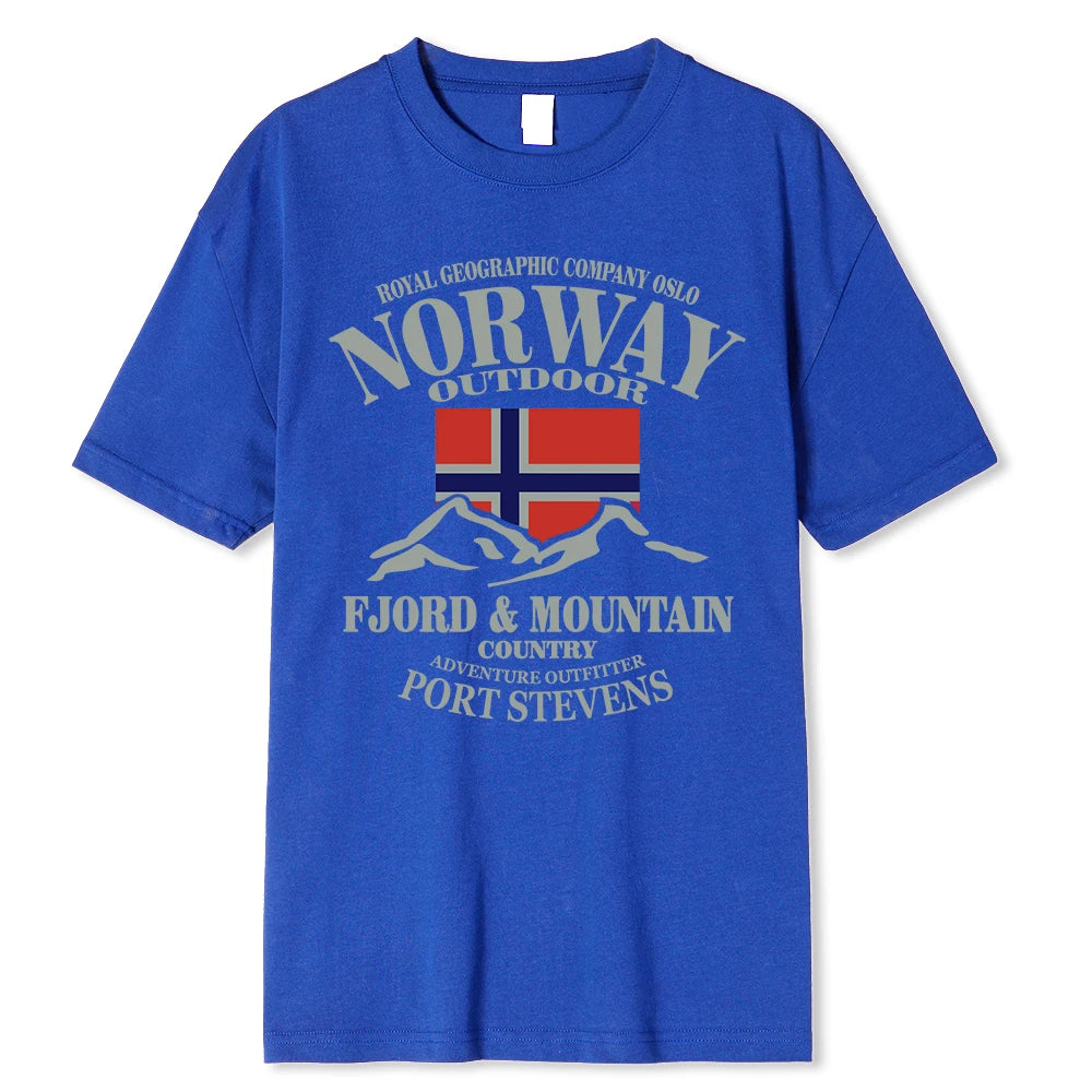 Summer Norway Flag Fjord Mountain T Shirt Crazy Hip Hop Men's Shirt Cotton Crewneck Plus Size Short Sleeve Funny T-shirts Male