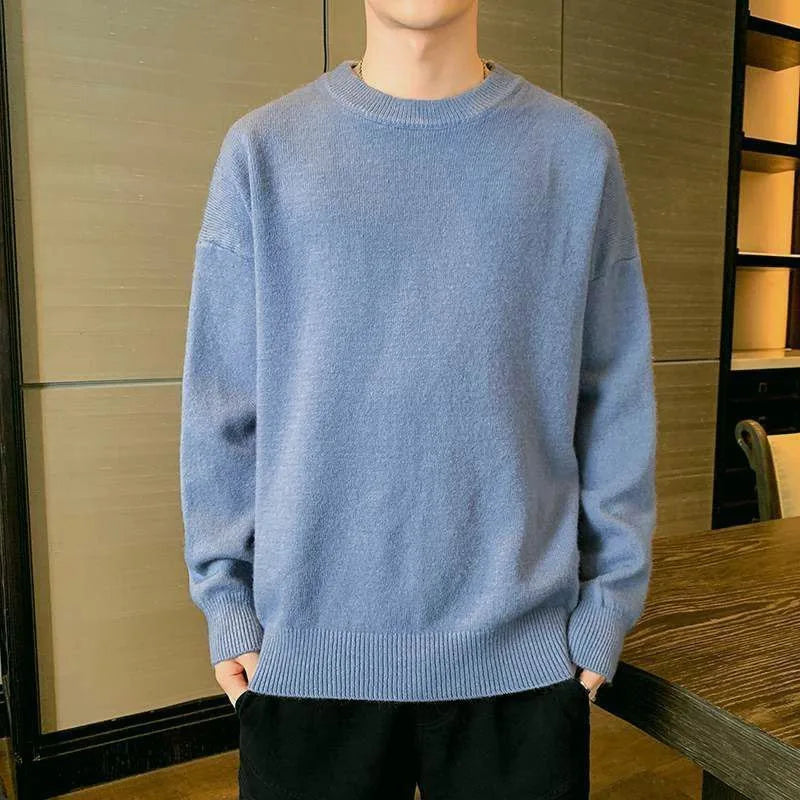 New Spring and Autumn Fashion Trend Retro Solid Round Neck Loose Versatile Casual and Handsome Men's Long Sleeve Knitted Sweater