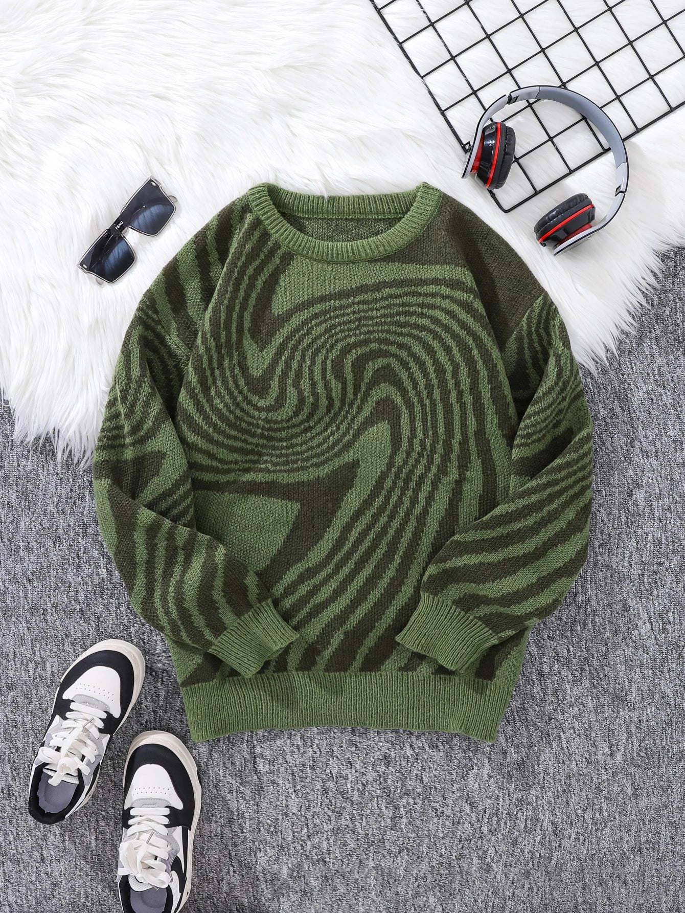 New Popular Autumn and Winter Maze Jacquard Pattern Pullover Sweater Casual Round Neck Contrast Color Knitted Men's Pullover