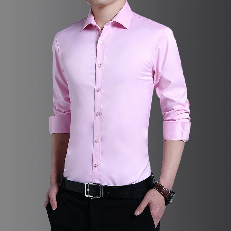 Spring And Summer New Men's Fashion Shirt Long-Sleeved Business Social Lapel Shirt Solid Color Slim Casual Men's Clothing