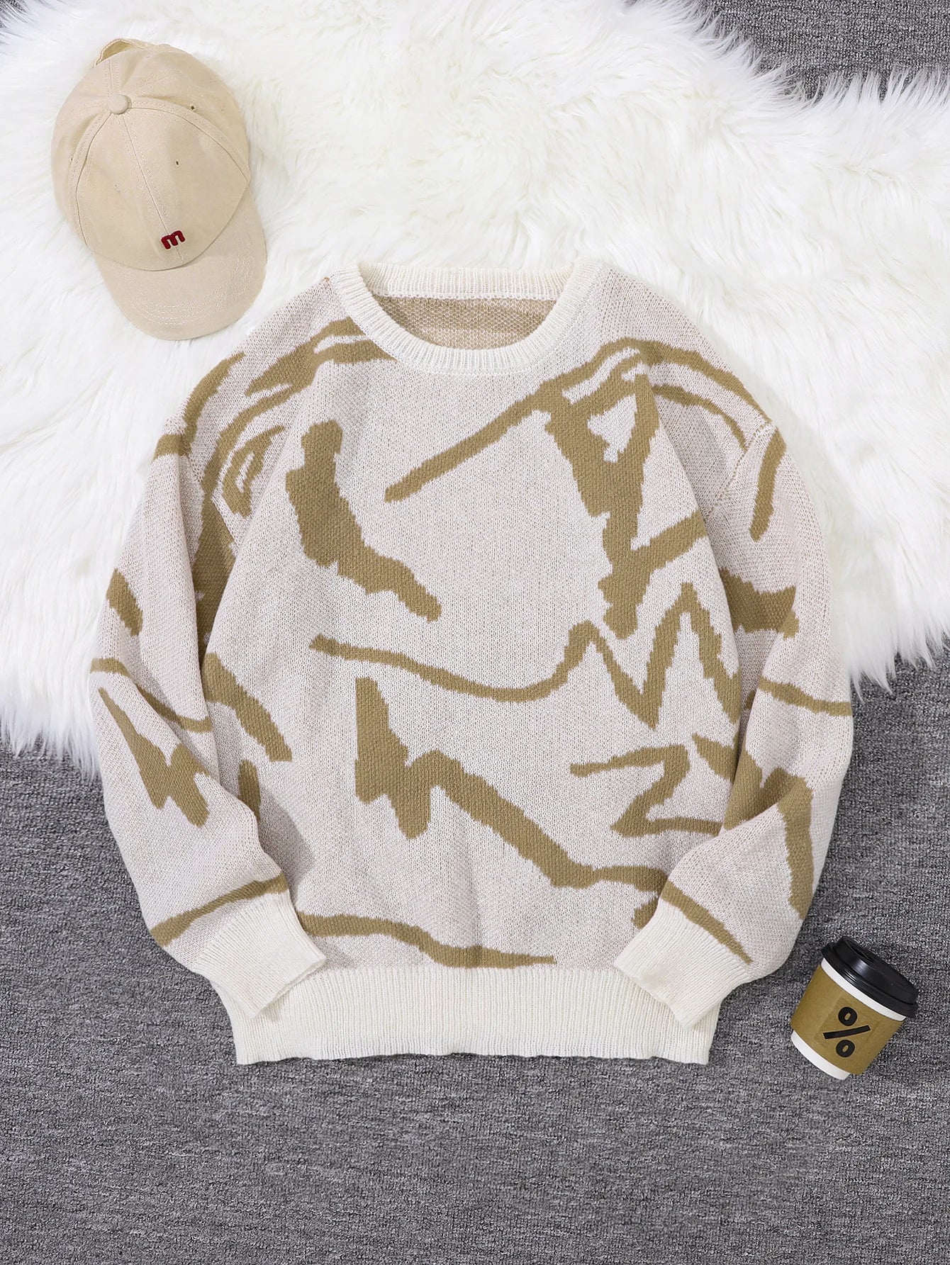 New Popular Spring Autumn Graffiti Jacquard Pattern Pullover Sweater Casual Round Neck Contrast Color Knitted Men's Pullover