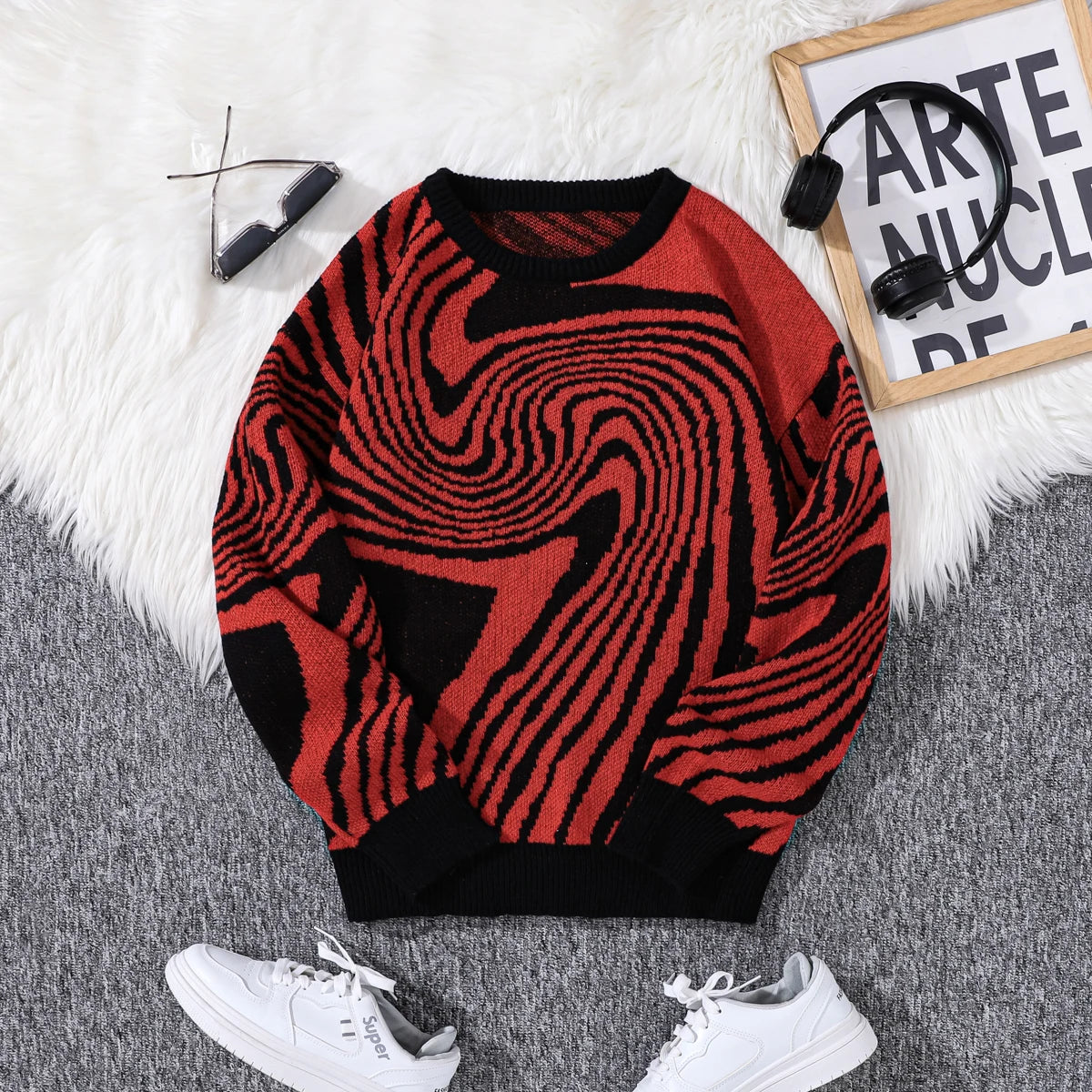 New Popular Autumn and Winter Maze Jacquard Pattern Pullover Sweater Casual Round Neck Contrast Color Knitted Men's Pullover