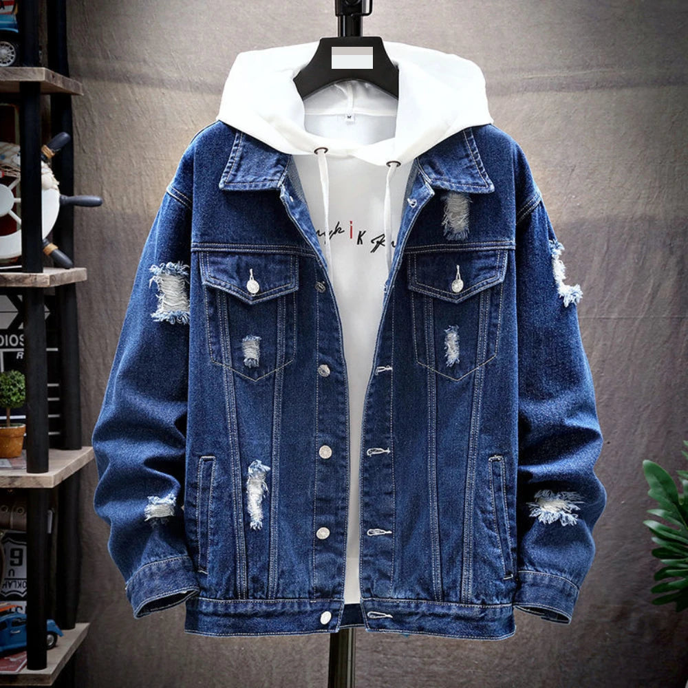 TRSYPHXM new Autumn New Collection: Deep Blue Denim Collar Jacket, Men's Youth Casual Versatile Jacket, Top Coat, Men's Wear