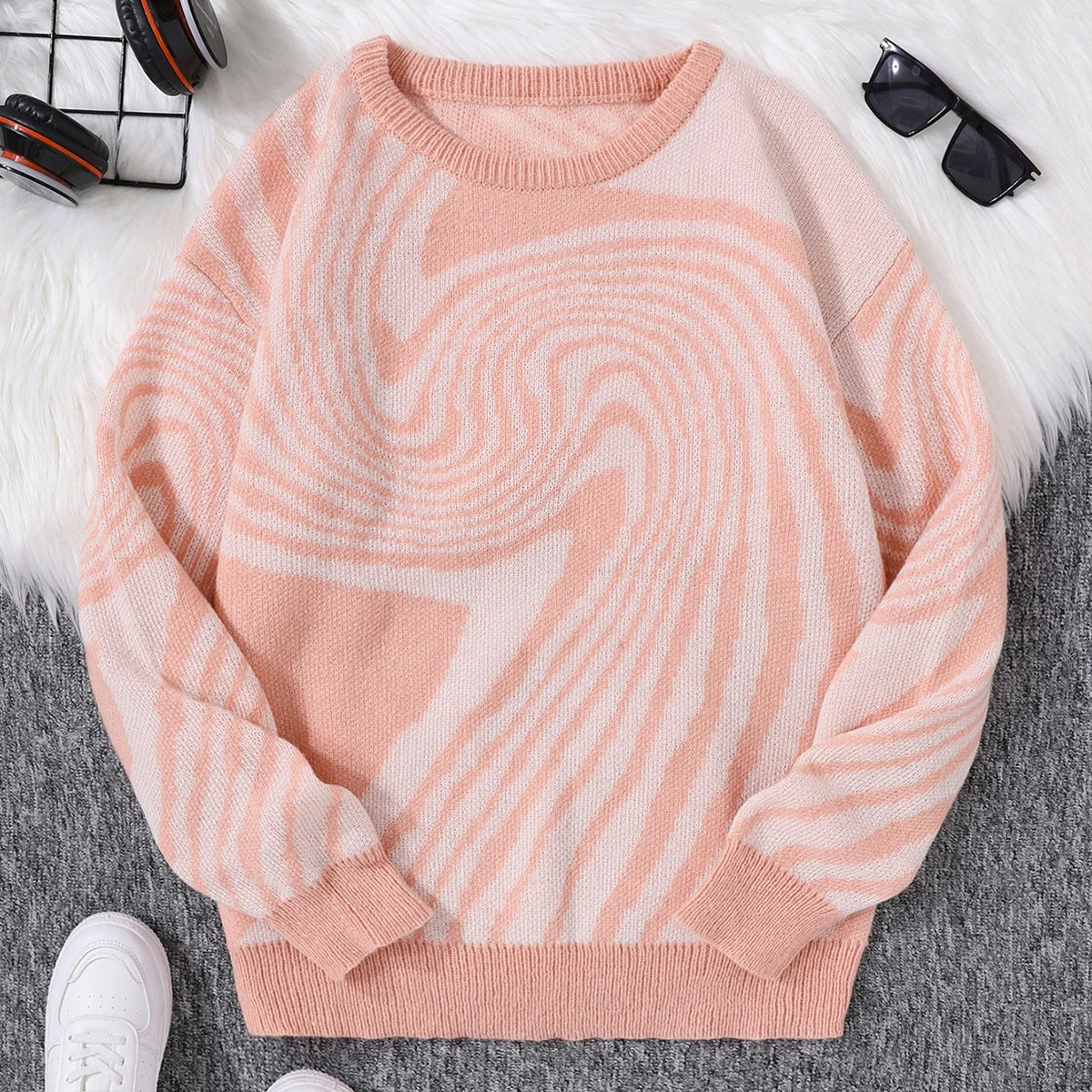 New Popular Autumn and Winter Maze Jacquard Pattern Pullover Sweater Casual Round Neck Contrast Color Knitted Men's Pullover