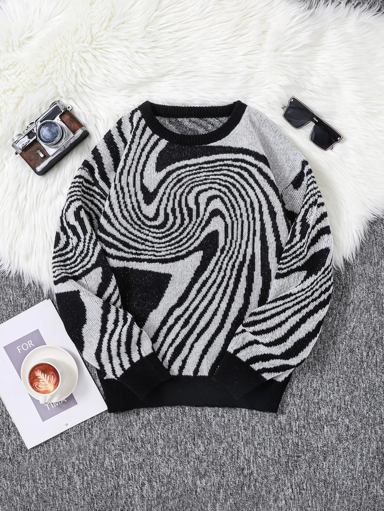 New Popular Autumn and Winter Maze Jacquard Pattern Pullover Sweater Casual Round Neck Contrast Color Knitted Men's Pullover