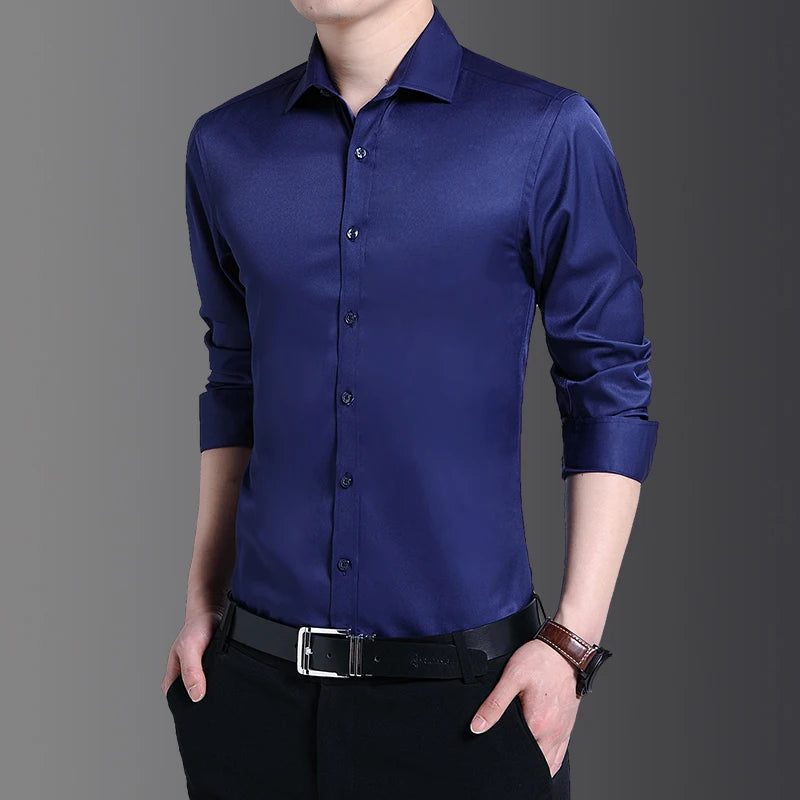 Spring And Summer New Men's Fashion Shirt Long-Sleeved Business Social Lapel Shirt Solid Color Slim Casual Men's Clothing