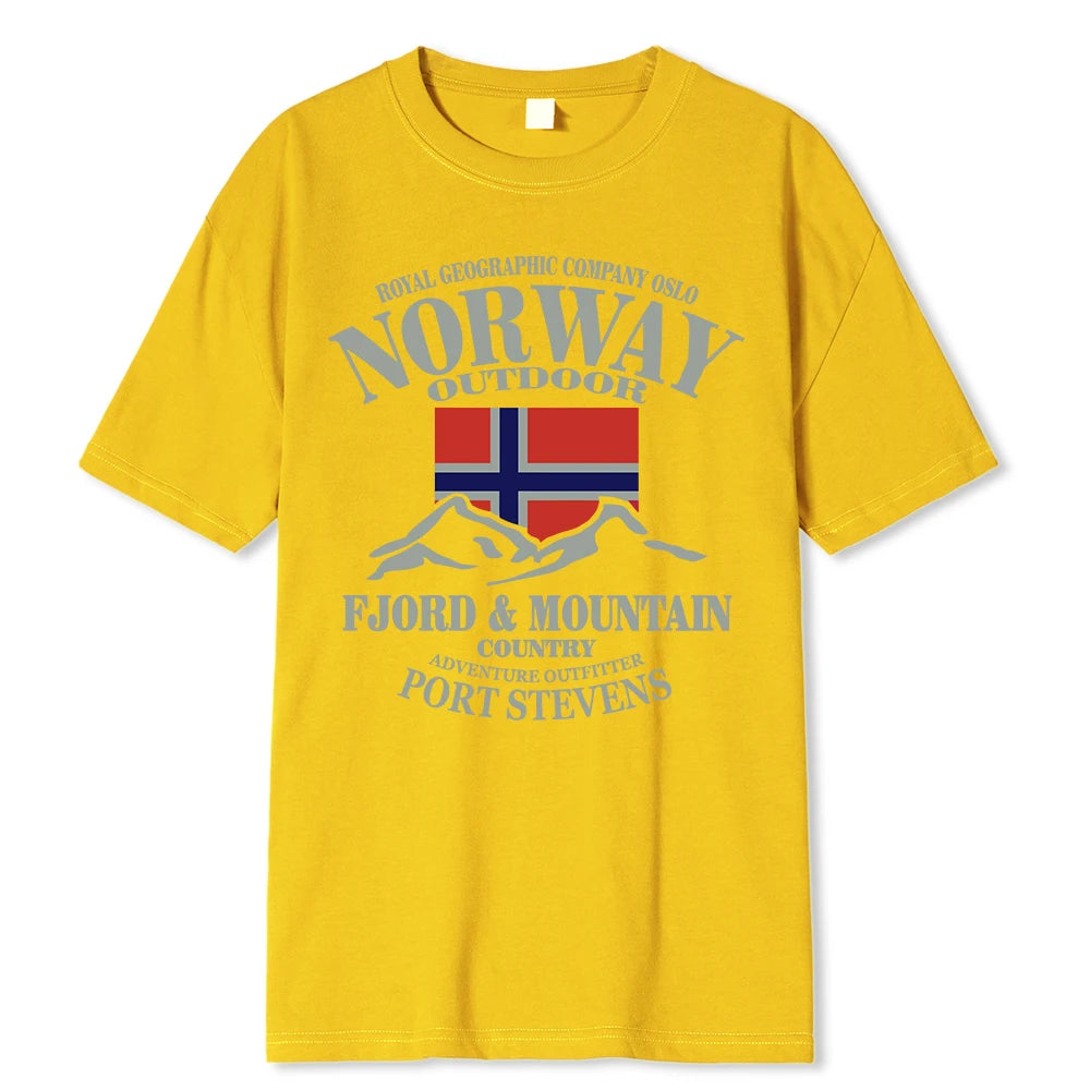 Summer Norway Flag Fjord Mountain T Shirt Crazy Hip Hop Men's Shirt Cotton Crewneck Plus Size Short Sleeve Funny T-shirts Male