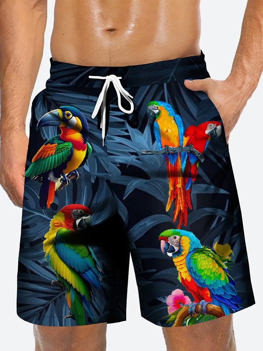 2025 new men's shorts 3D parrot print fashionable and sexy beach surfing shorts waterproof, quick drying, soft texture