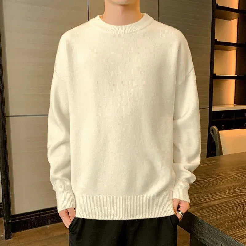 New Spring and Autumn Fashion Trend Retro Solid Round Neck Loose Versatile Casual and Handsome Men's Long Sleeve Knitted Sweater