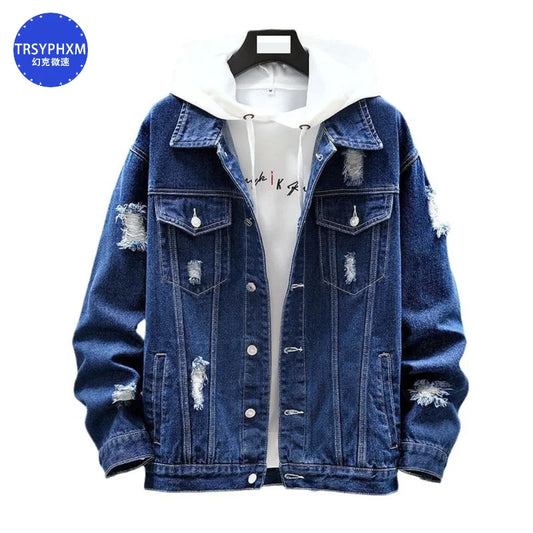 TRSYPHXM new Autumn New Collection: Deep Blue Denim Collar Jacket, Men's Youth Casual Versatile Jacket, Top Coat, Men's Wear