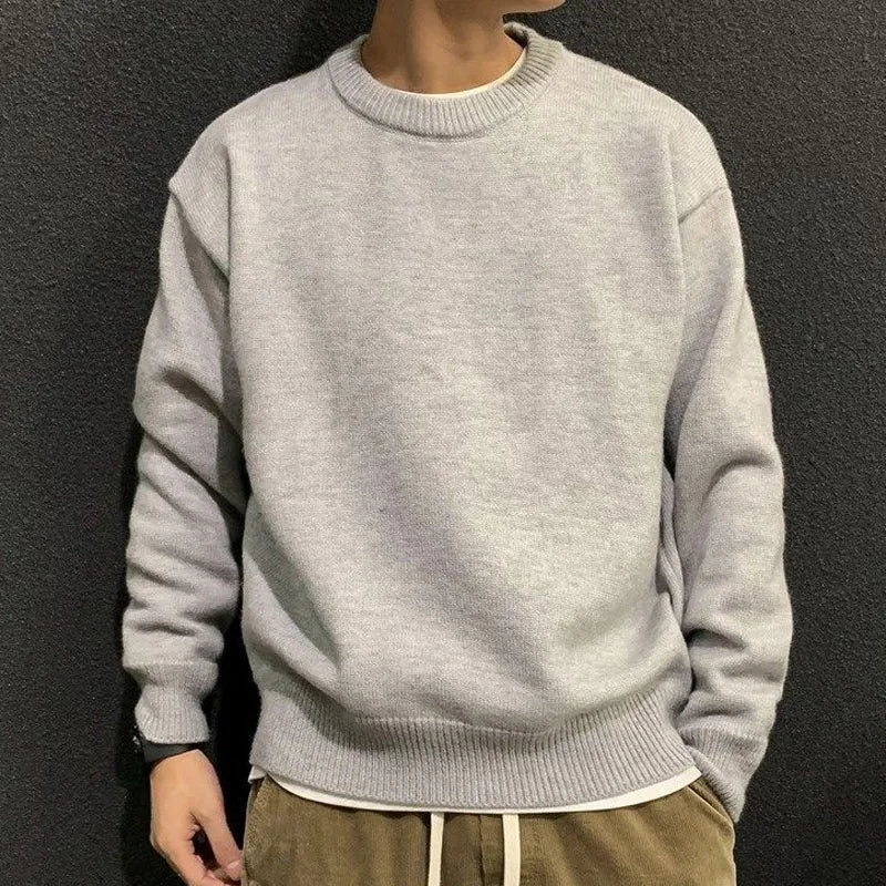 New Spring and Autumn Fashion Trend Retro Solid Round Neck Loose Versatile Casual and Handsome Men's Long Sleeve Knitted Sweater