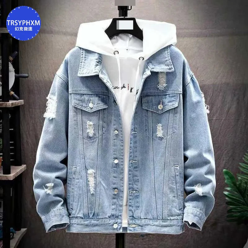 TRSYPHXM new Autumn New Collection: Deep Blue Denim Collar Jacket, Men's Youth Casual Versatile Jacket, Top Coat, Men's Wear