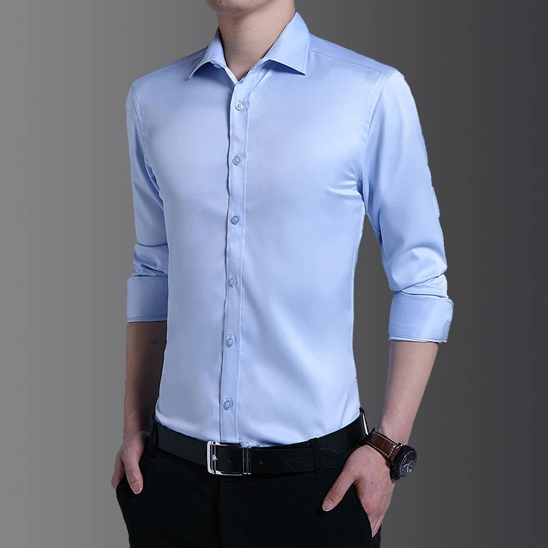 Spring And Summer New Men's Fashion Shirt Long-Sleeved Business Social Lapel Shirt Solid Color Slim Casual Men's Clothing