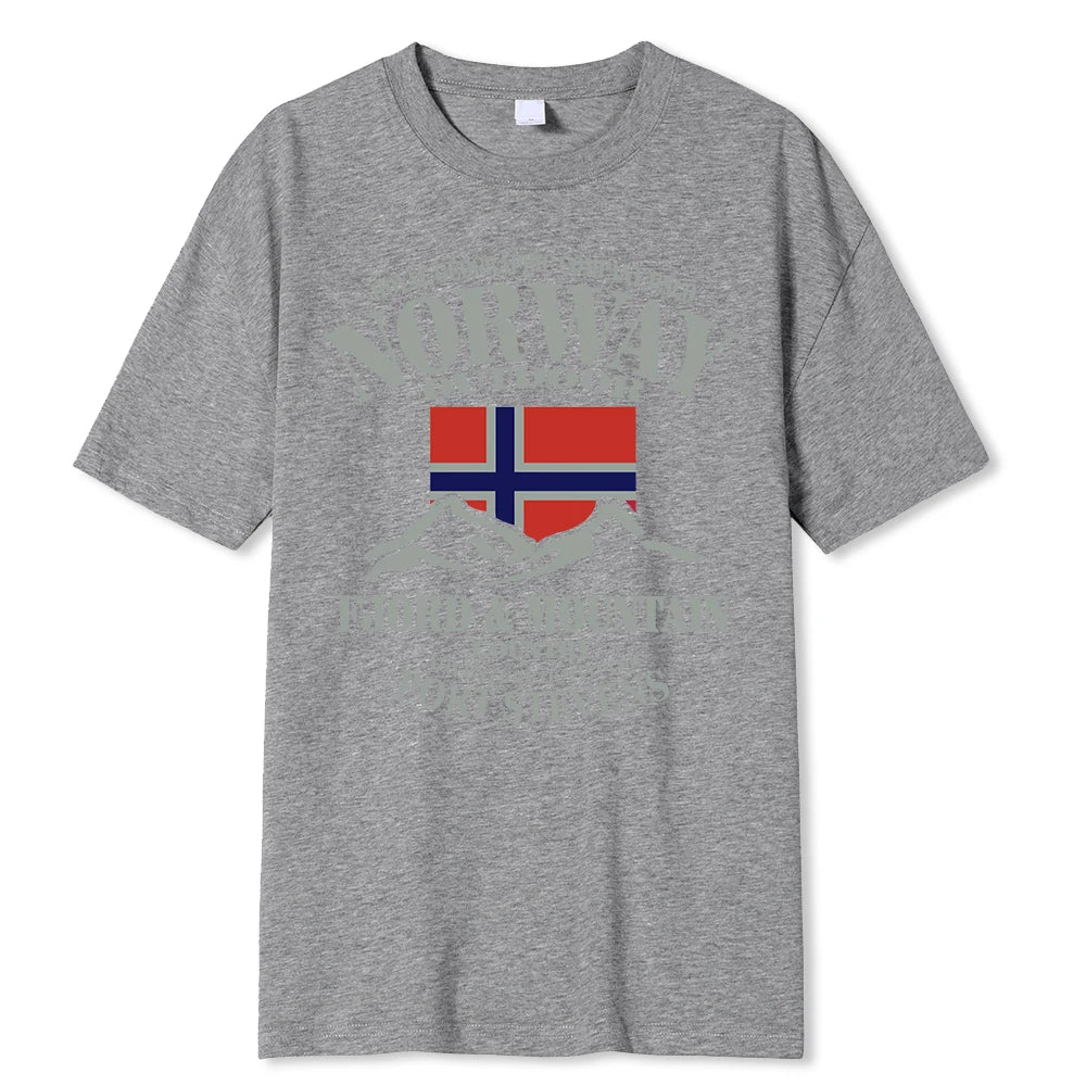 Summer Norway Flag Fjord Mountain T Shirt Crazy Hip Hop Men's Shirt Cotton Crewneck Plus Size Short Sleeve Funny T-shirts Male