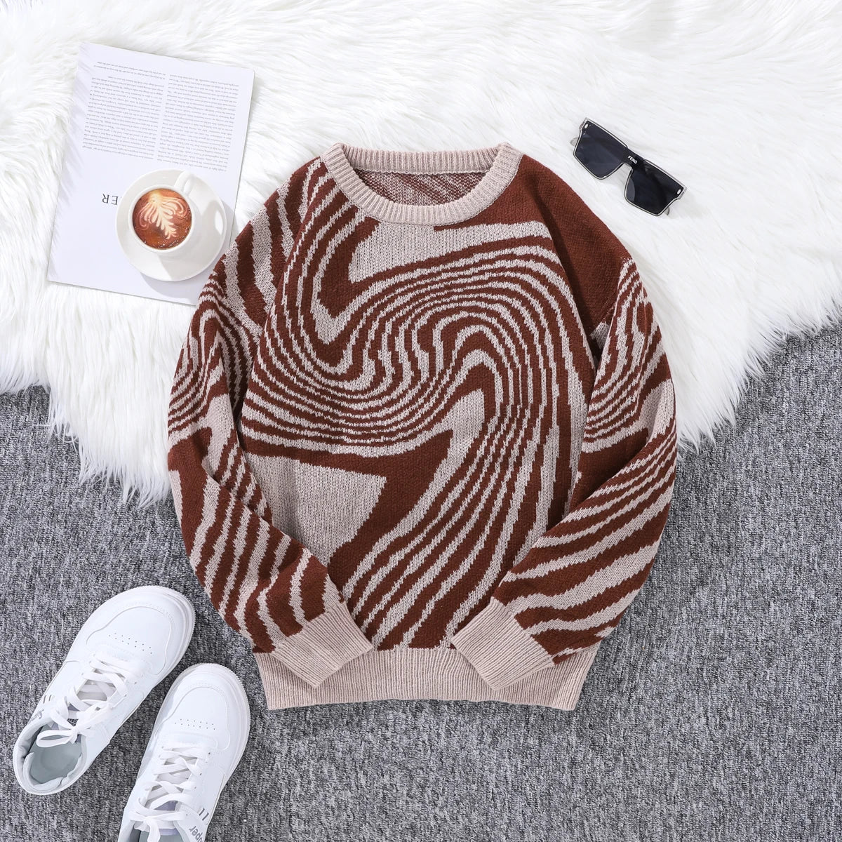 New Popular Autumn and Winter Maze Jacquard Pattern Pullover Sweater Casual Round Neck Contrast Color Knitted Men's Pullover