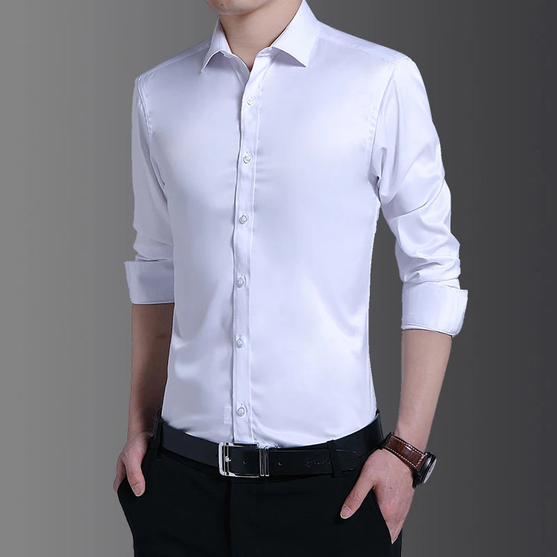 Spring And Summer New Men's Fashion Shirt Long-Sleeved Business Social Lapel Shirt Solid Color Slim Casual Men's Clothing