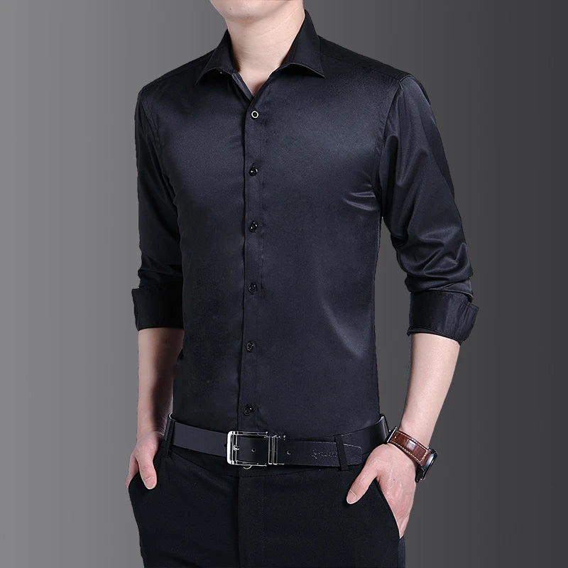 Spring And Summer New Men's Fashion Shirt Long-Sleeved Business Social Lapel Shirt Solid Color Slim Casual Men's Clothing