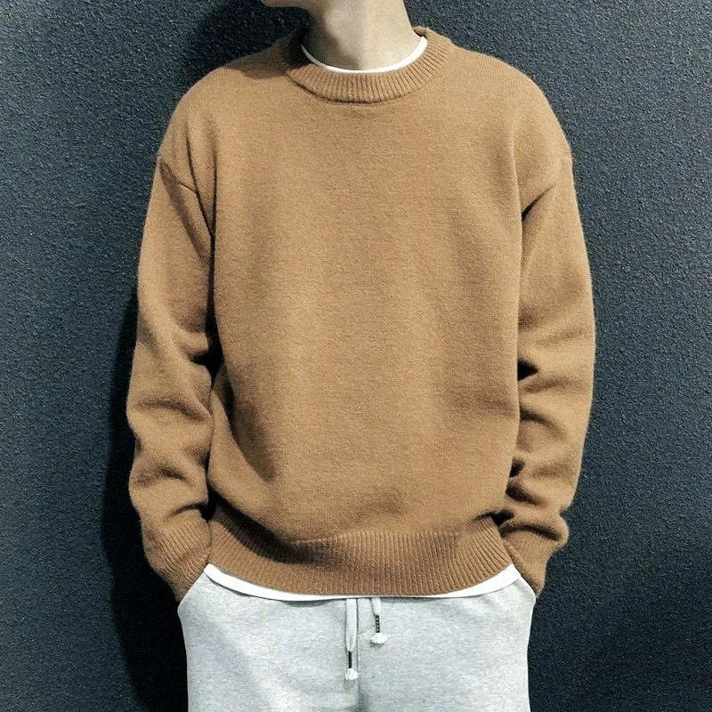 New Spring and Autumn Fashion Trend Retro Solid Round Neck Loose Versatile Casual and Handsome Men's Long Sleeve Knitted Sweater