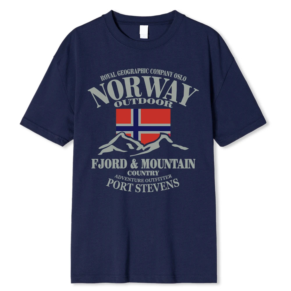 Summer Norway Flag Fjord Mountain T Shirt Crazy Hip Hop Men's Shirt Cotton Crewneck Plus Size Short Sleeve Funny T-shirts Male