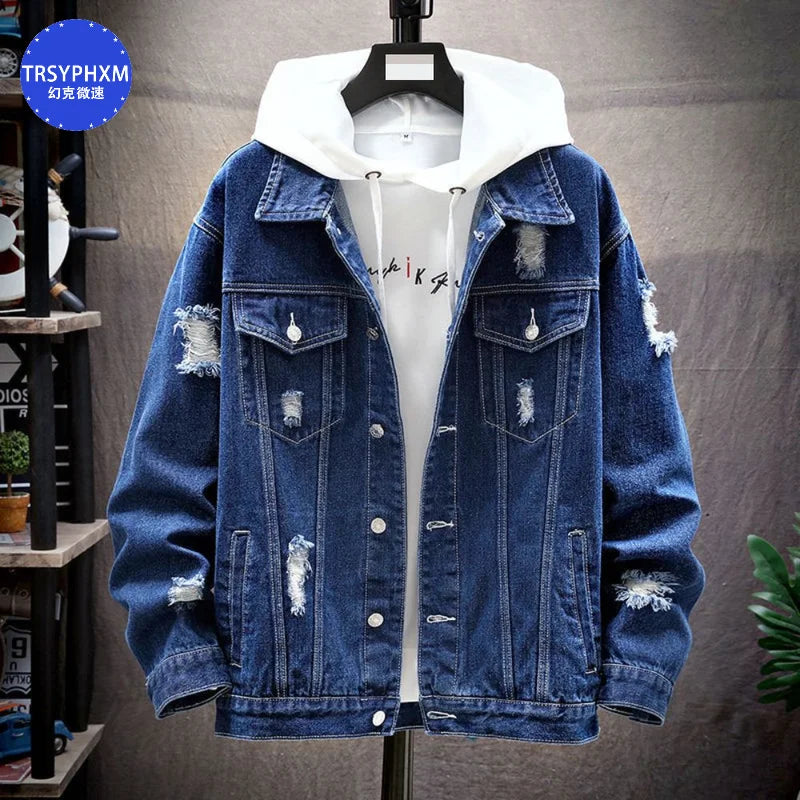 TRSYPHXM new Autumn New Collection: Deep Blue Denim Collar Jacket, Men's Youth Casual Versatile Jacket, Top Coat, Men's Wear