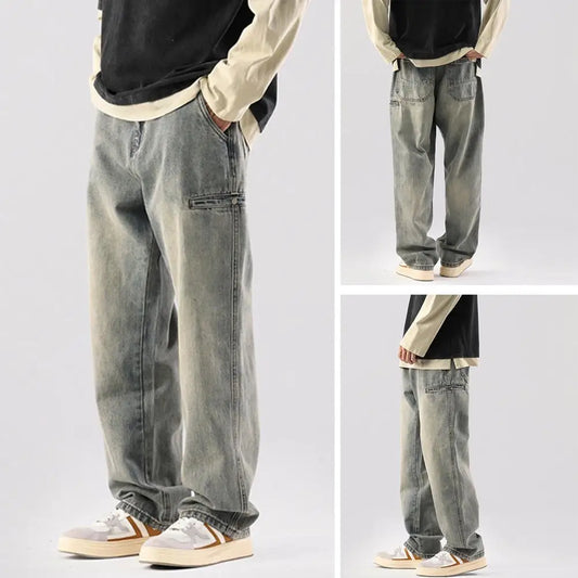 New in Denim Pants Solid Color Wide Leg Straight Mid Waist Pockets Bottoms Loose Fit Zipper Fly Jeans Men Clothes