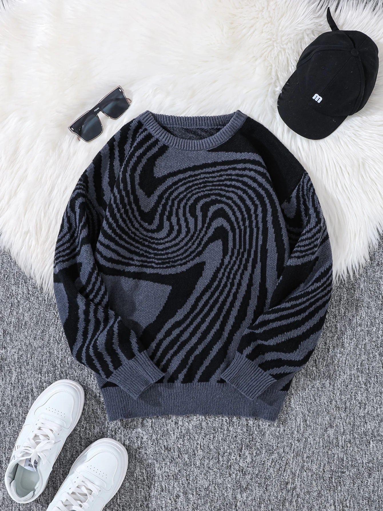 New Popular Autumn and Winter Maze Jacquard Pattern Pullover Sweater Casual Round Neck Contrast Color Knitted Men's Pullover